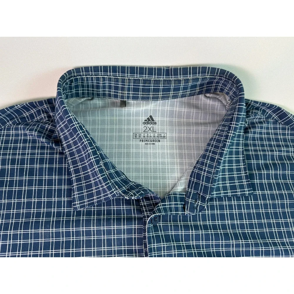 Adidas Golf Polo Shirt Primegreen Plaid Short Sleeve Blue 2XL Mens